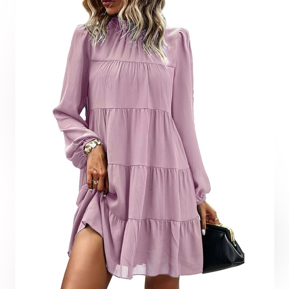 Kirundo - - KIRUNDO Long Sleeve Baby Doll Dresses Women 2025 Casual Fall Winter Ruffle Mock Neck Tiered Mini Flowy Swing Shift Dress(Brunt Orange, Medium